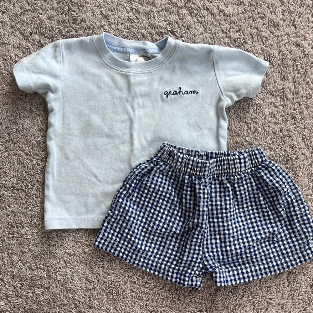 Embroidered “graham” tshirt and gingham shorts set, size 12m